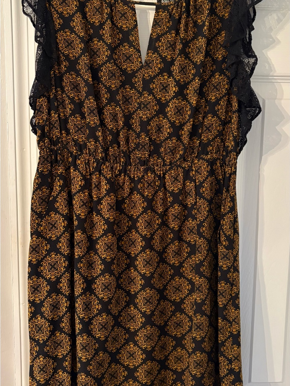Anthropologie Black and Mustard Printed Sleeveless Midi Dress